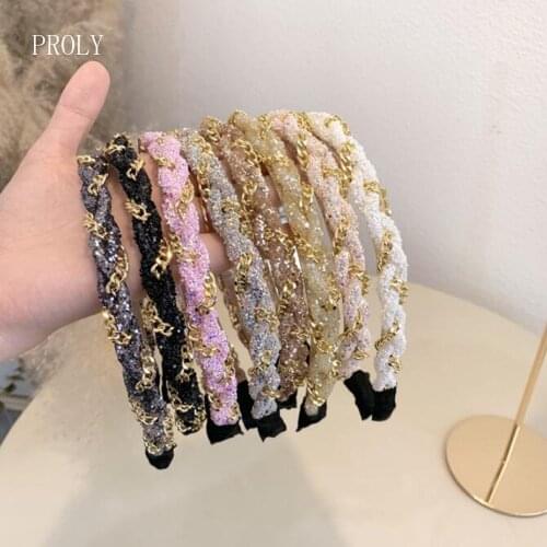 PROLY Fashion Headband For Women Pearls Alloy Chain Cross-wound Braid Hairband Adult Fresh Color Shining Casual Hair Accessories