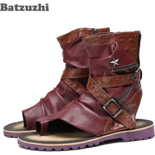 Bazuzhi Men Sandals Summer Genuine Leather Sandals Brown/Gold Gladiator Rome Zip Ankle Sandals Men Beach Casual Sandalias Mujer