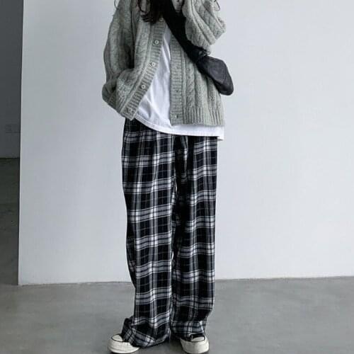 HOUZHOU Plaid Pants Women Oversized Casual Harajuku Wide Leg Trousers Female Hip Hop Korean Fashion Autumn Vintage Streetwear