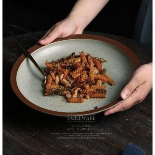 Thickened Ceramic Plate Household Retro Western Food Plate Pasta Steak Shallow Plate Japanese Hotel Restaurant Tableware