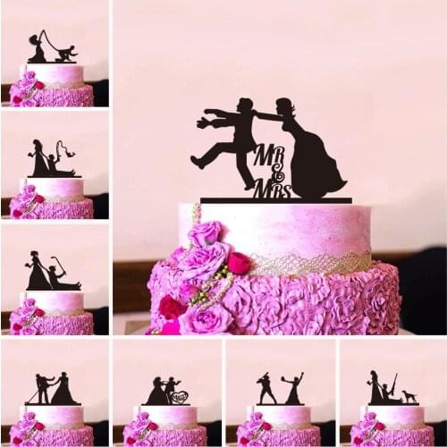 Funny Wedding Party Cake Topper Bride Groom Mr Mrs Acrylic Black Cake Toppers Mixed Sports Style Couples Cake Wedding Decoration