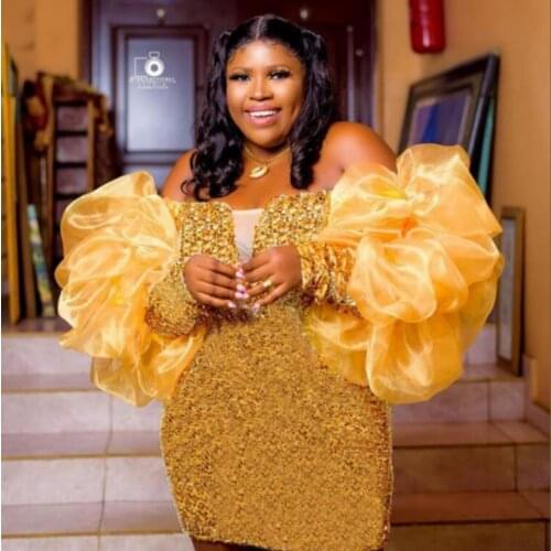 Aso Ebi Plus Size Off The Shoulder Prom Dresses Ruffles Puffy Sleeves Short Evening Gowns Robe De Soiree Formal Party Dress