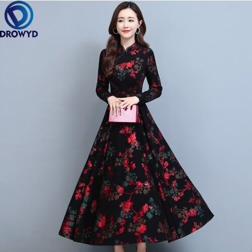 Chinese Style Lady Print Floral Vintage Dress Women Casual Maxi Vestidos 2021 Autumn Winter Elegant Bodycon Party Runway Dresses