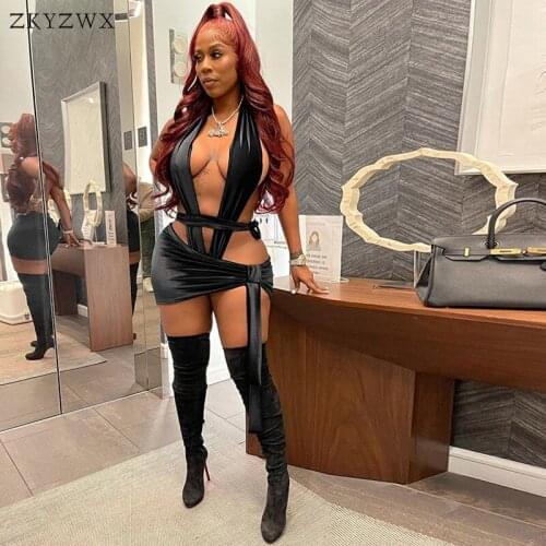 ZKYZWX 2 Piece Set Women 2021 Summer Halter Backless Bodysuit Skirt Suit Vacation Birthday Sexy Club Outfits Matching Dress Sets