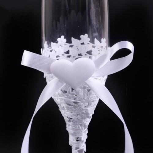 2pcs/lot white ribbon heart wedding toasting glasses wedding champagne glasses gift for wedding party decoration