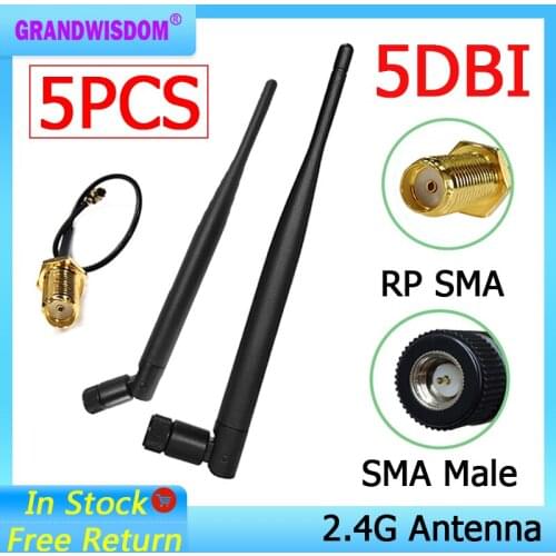 5pcs 2.4 GHz Antenna wifi 5dBi SMA Male 2.4ghz antena for Router Wi fi Booster +21cm RP-SMA to ufl./ IPX 1.13 Pigtail Cable