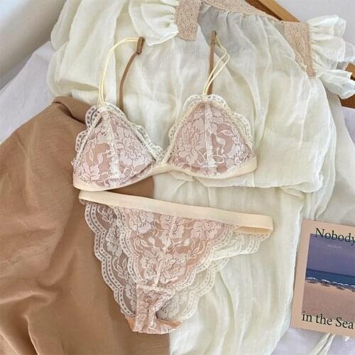 Wriufred Lace triangle cup underwear female bra ultra-thin no steel ring lingerie panties set not empty cup thin bralette set