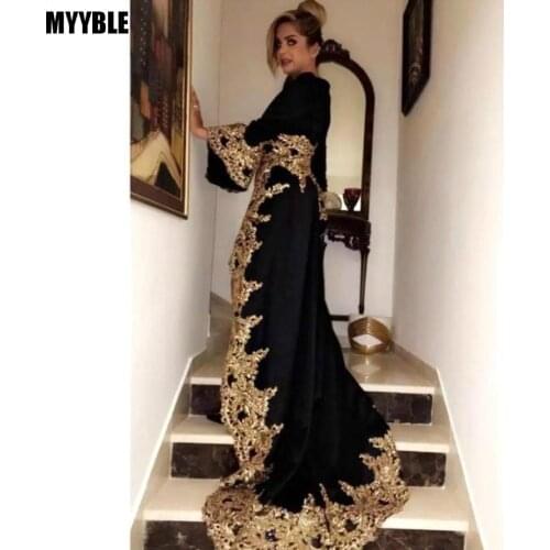 MYYBLE Black V Neck Long Sleeves Evening Dresses 2020 New Arrival Gold Appliques Holiday Wear Formal Party Prom Gowns Plus Size