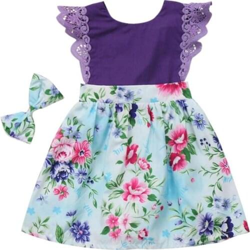 Kids Girls Dress Summer Clothes Children Girls Sleeveless Floral Print Lace Decor Lovely Dress+Headdress