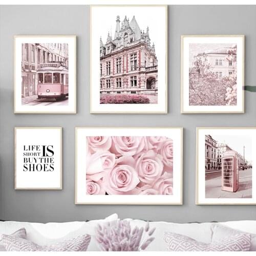 Pink Rose Flower Car Phone Booth Aesthetic Wall Art Canvas Painting Nordic Poster And Prints Wall Pictures For Living Room Decor