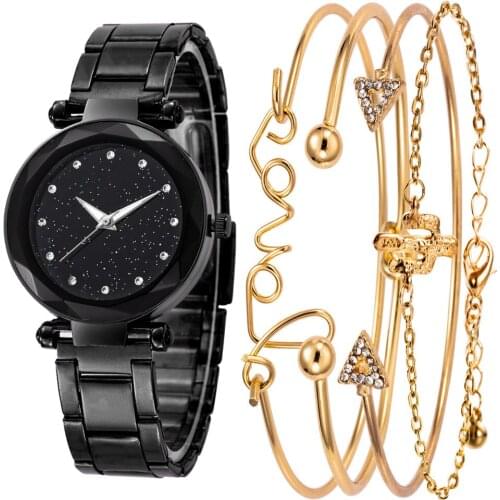 2019 New Women Starry Sky Watches Stainless Steel StrapWrist watches With 4 -Piece Bracelet Rhinestone Dial Simple Quartz Watch
