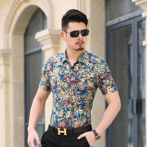 Gold Bronzing Flower Shirt Men Luxury Brand Design Baroque Mens Dress Shirts Chemise Homme Short Sleeve Milk Silk Camisa XXXL