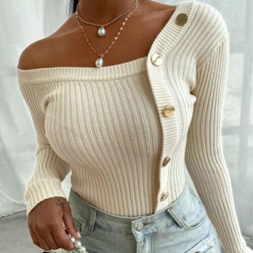 Women Casual Fashion Knitted tops Long sleeve Off Shoulder Slim Sweaters Sexy Buttons Top Solid Stylish Sweater Autumn Spring