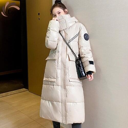 Cotday Bright Leather Down Jacket 2020 New Letter Epaulettes X-Long Casual Loose Winter Warm Thickened Clothes Parka Coat