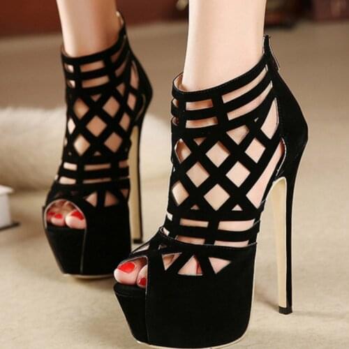 Women sandals Flock Slip On 16CM Thin Heels High heels Peep Toe Shallow waterproof Cutout sandal women shoes 2020 size 35-42