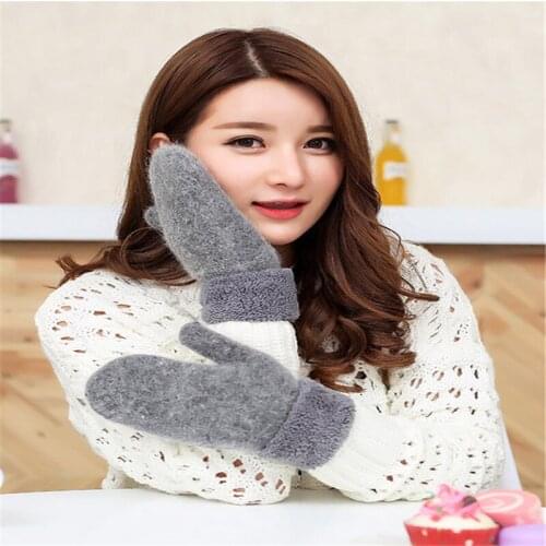 Double-Layer Rabbit Hair Gloves Female Winter Korean Version of Solid Color All Fingers Winter Women Gloves Girls Mittens