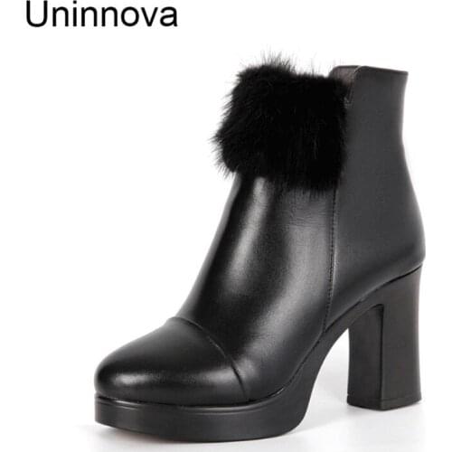 Women Winter Platform Boots Genuine Leather Faux Fur Mink Hair Shoes Black Ankle Boots Size 34-40 WB010