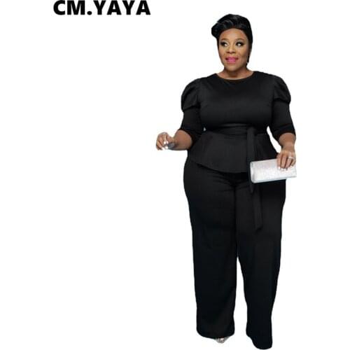 CM.YAYA Women Plus Size Tracksuit Solid Full Sleeve O-neck Zip Bandage Sashes Tops Straight Pants Two 2 Piece Sets Outfit Fall
