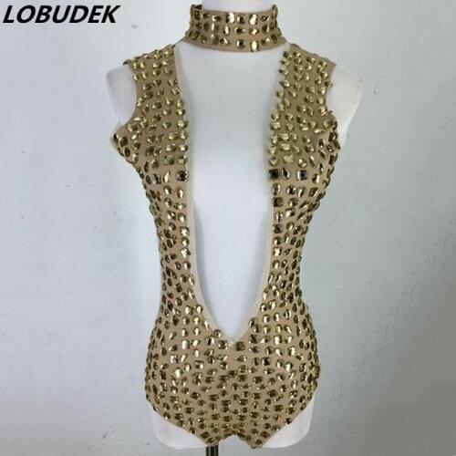 3 Colors Bare Backs Bodysuit Sexy See-through Rhinestones Bodysuit Crystals Perspective Jumpsuit Nightclub Female DJ DS Costumes