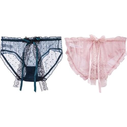 2PCS Briefs Solid Sexy Lace Cute Bow Dots Thin Breathable Girl Underwear Transparent Women Panties, Navy Blue & Pink