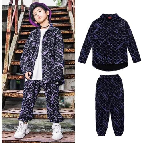 2021 Modern Hip Hop Kids Jazz Dance Costume Printing Shirts Pants Long Sleeves Hiphop Outfit Boys Girls Performance Wear BL6942
