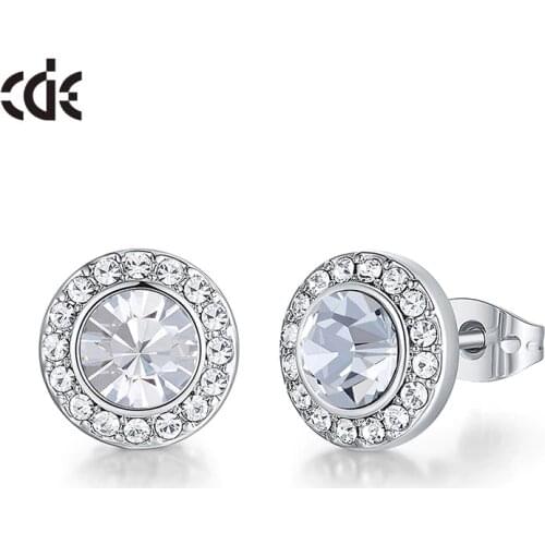 CDE Minimalist Silver Color Earrings with Top Crystal Round Shape Stud Earrings Women Ear Fashion Jewelry Gifts