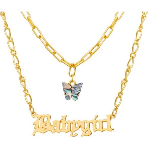 51372 Butterfly Pendant Necklace creative multi-layer English letter pendant pin bone chain