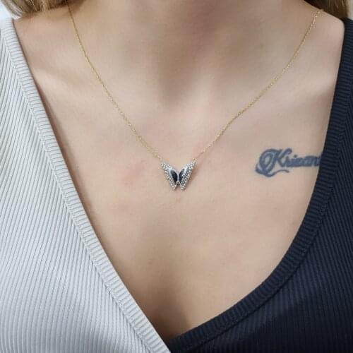 Enamel 2 Piece Butterfly 925 Sterling Silver, Gold, Rose Plated Necklace For Women Girls Handmade Jewelry Elegant Minimalist