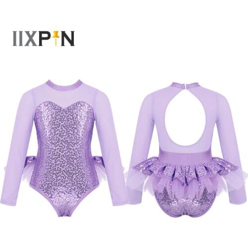 Girls Sparkly Sequins Jazz Ballet Dance Costume Kids Tulle Long Sleeves Cutout Back Leotard Ballet Tutu Ballroom Modern Dance