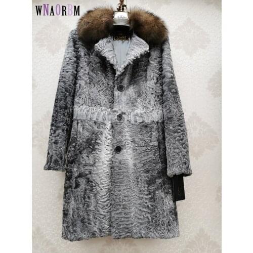 Latest luxury high-end customized natural Karakul Sheep Fur coat Wild Mink Collarreal fur mens coat Sheepskin coat Silk lining