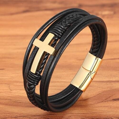 WENDYFO New Arrive Stainless Steel Cross Bracelet Bangle For Men Women Gold Color Leather Band Religious Jewelry Accessories