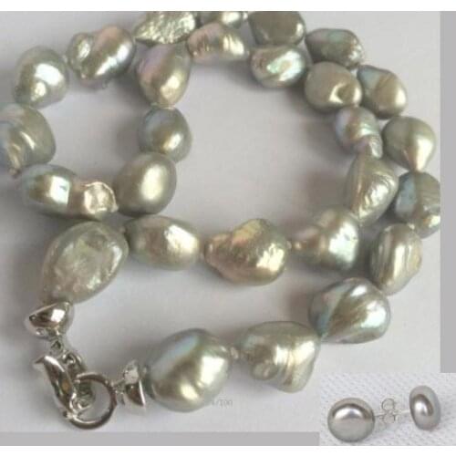 NEW 10-16mm SOUTH SEA GRAY BAROQUE PEARL NECKLACE earring gift