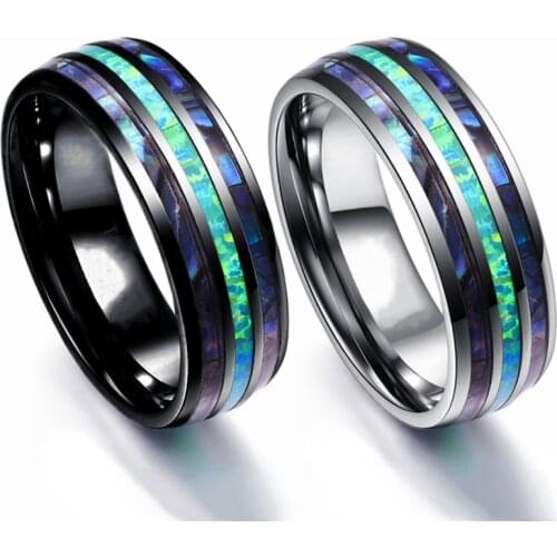 FDLK Luxury Men Women 8mm Stainless Steel Ring Inlay Abalone Shell Imitation Opal Wedding Band for Couples Jewelry Gifts