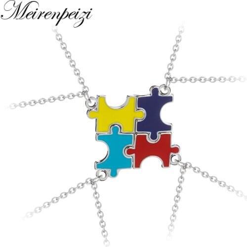 4 Pieces Autism Puzzle Necklace Set Best Friend Sister Necklaces Matching Colorful Enamel Friendship Jewelry Party Gift Set