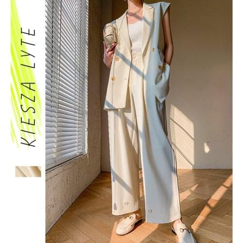 Runway Fashion Casual Blazer Suit Sets Women Office Elegant Sleeveless Jacket Long Pants Sets Summer 2 PCS Female Suits