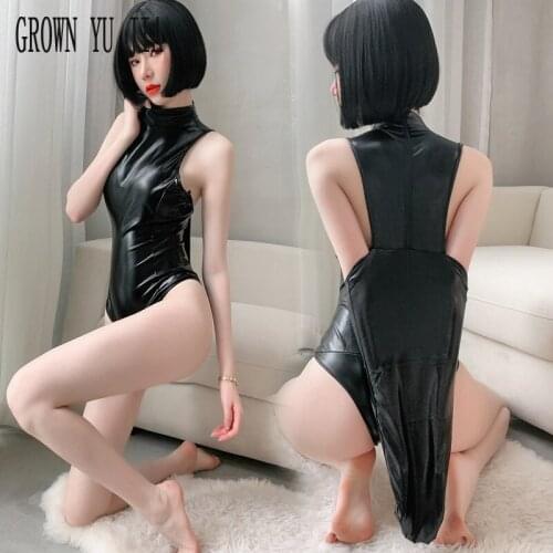Sexy Latex Catsuit Erotic PU Body Patent Leather Porno Black Wing Angel Seduction Bodysuit Sex Play Binding Hot Fetish Lingerie