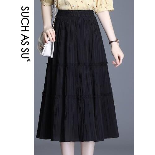 SUCH AS SU New Skirts Women 2021 Spring Summer Black Patchwork Chiffon High Waist Pleated Skirt Elastic Slim Mid Long Skirt