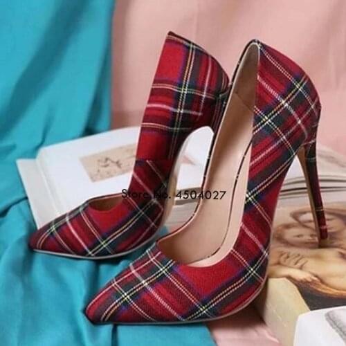 Newest Plaid Cloth High Heel Shoes Women Sexy Shallow Pointed Toe Dress Shoes Slip-on Pattern Wedding Shoes