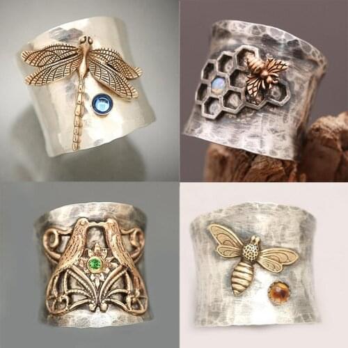 Independent design vintage carved gold dragonfly ring for cocktail party exaggerated round tube bee bird magpie jewelry