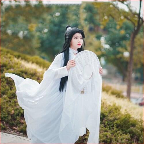 Xie Lian Cosplay Costumes Tian Guan Ci Fu Cosplay Xielian Wigs Xie Lian Long Black Hair Bamboo Hat Prop Men Women White Han Fu