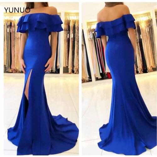 YUNUO Off the Shoulder Mermaid Prom Dresses with Slit Evening Dresses Long Simple Robe de Soiree Gowns Formal for Women