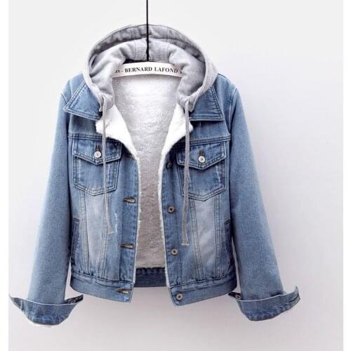 Women Denim Jacket Hooded Autumn Winter Thick Plush Fleece Fur Lining Short Tops Vintage Long Sleeve Jeans Coat Jackets Y166