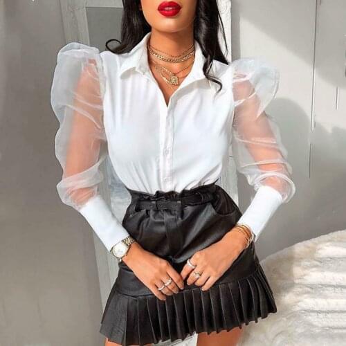 Women Sheer Mesh See-through Puff Long Sleeve Blouse Fashion Elegant Slim Solid Puff Long Sleeve Tops Shirt Lapel Fall Blouse