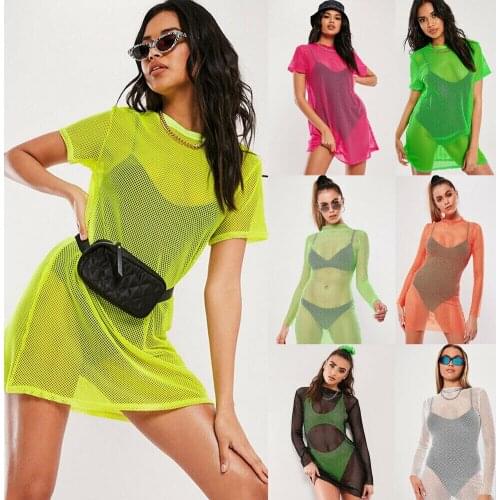 2 Styles Sexy Women Fishnet Mesh Sheer See-through Beachwear Casual Cover-Ups Short Mini Dress Evening Party Clubwear
