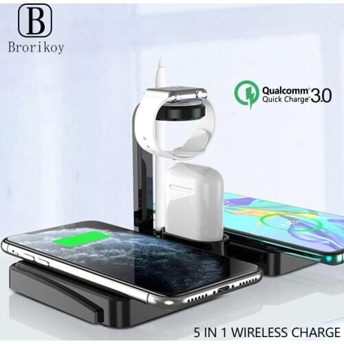 5 In 1 Dual Wireless Charger Pad Qi Fast Charging Holder for iPhone X 11 12 Xs for Apple Watch 6 5 4 Airpods Pro Wireless Charge