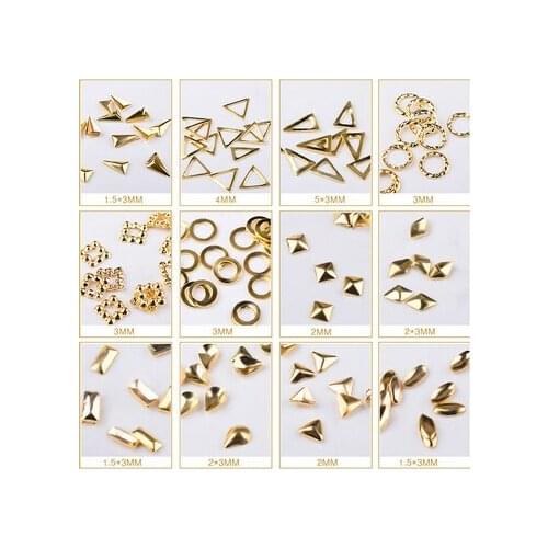 500pcs Gold Rivet Studs 3D Nail Decoration Oval Circle Square Triangle Hollow Frame Mixed woman DIY Decoration in Wheel