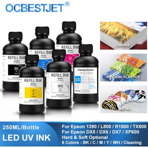 250ML 6Bottles/Set LED UV Ink For DX4 DX5 DX6 DX7 Printhead For Epson 1390 4800 4880 7880 9880 Printer - BK C M Y WH Cleaning