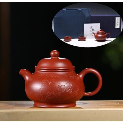 Famous purple clay pot Yixing pure hand-made big red robe engraved pan pot purple clay teapot tea set custom gift set