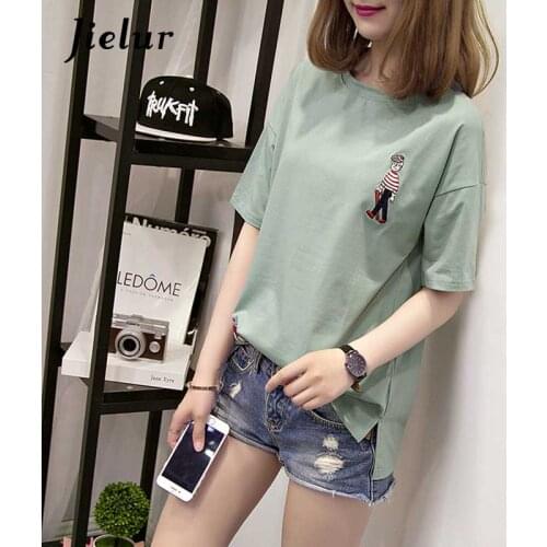 Jielur 2021 Cute Cartoon Embroidery T-shirts Women Loose Simple O-neck T-shirt Female Cotton Khaki White Green M-2XL Joker Tops