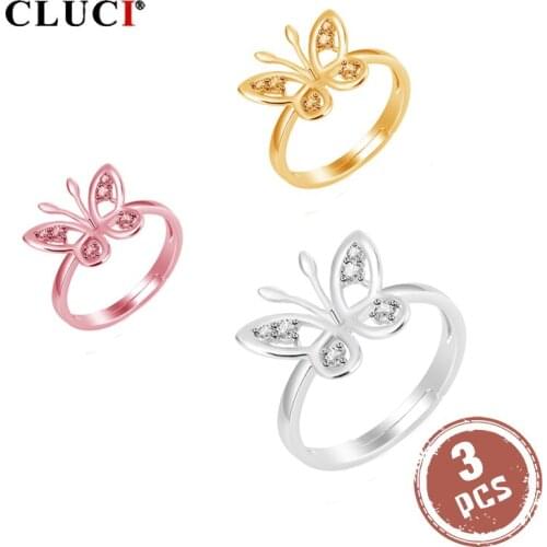 CLUCI 3pcs Silver 925 Butterfly Rings Jewelry Women Pearl Ring Mounting 925 Sterling Silver Zircon Adjustable Ring SR2182SB